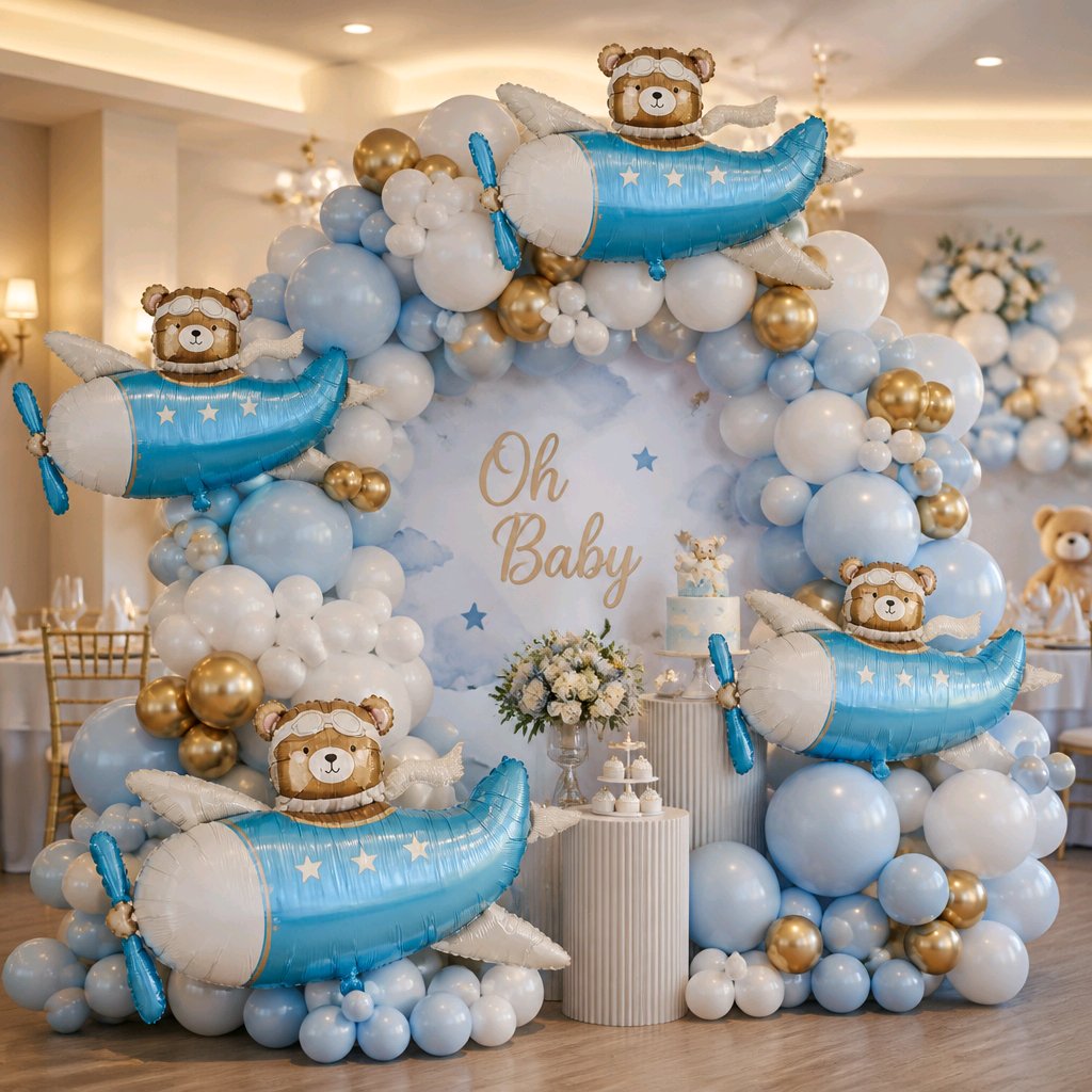 GLOBO OSITO EN AVIÓN AZUL BABY SHOWER